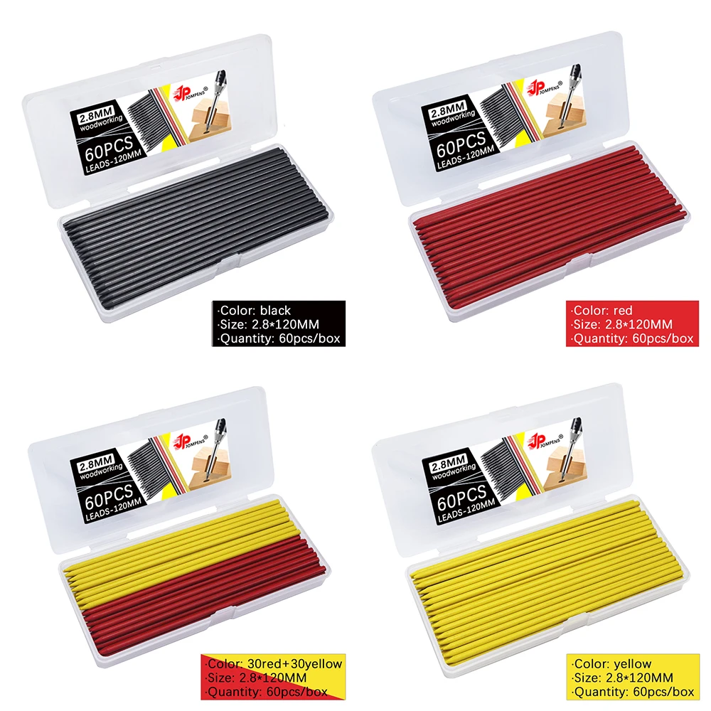 60Pcs/Box Large Capacity 2B Woodworking Mechanical Lead Core Black Yellow Red 2.8mm  Marking Architectural Painting Pencil Lead