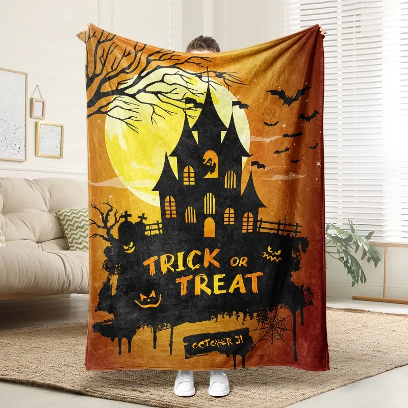 

Halloween Haunted House Print Flannel Blanket Soft Plush Cozy Sofa Bed Decor Gift