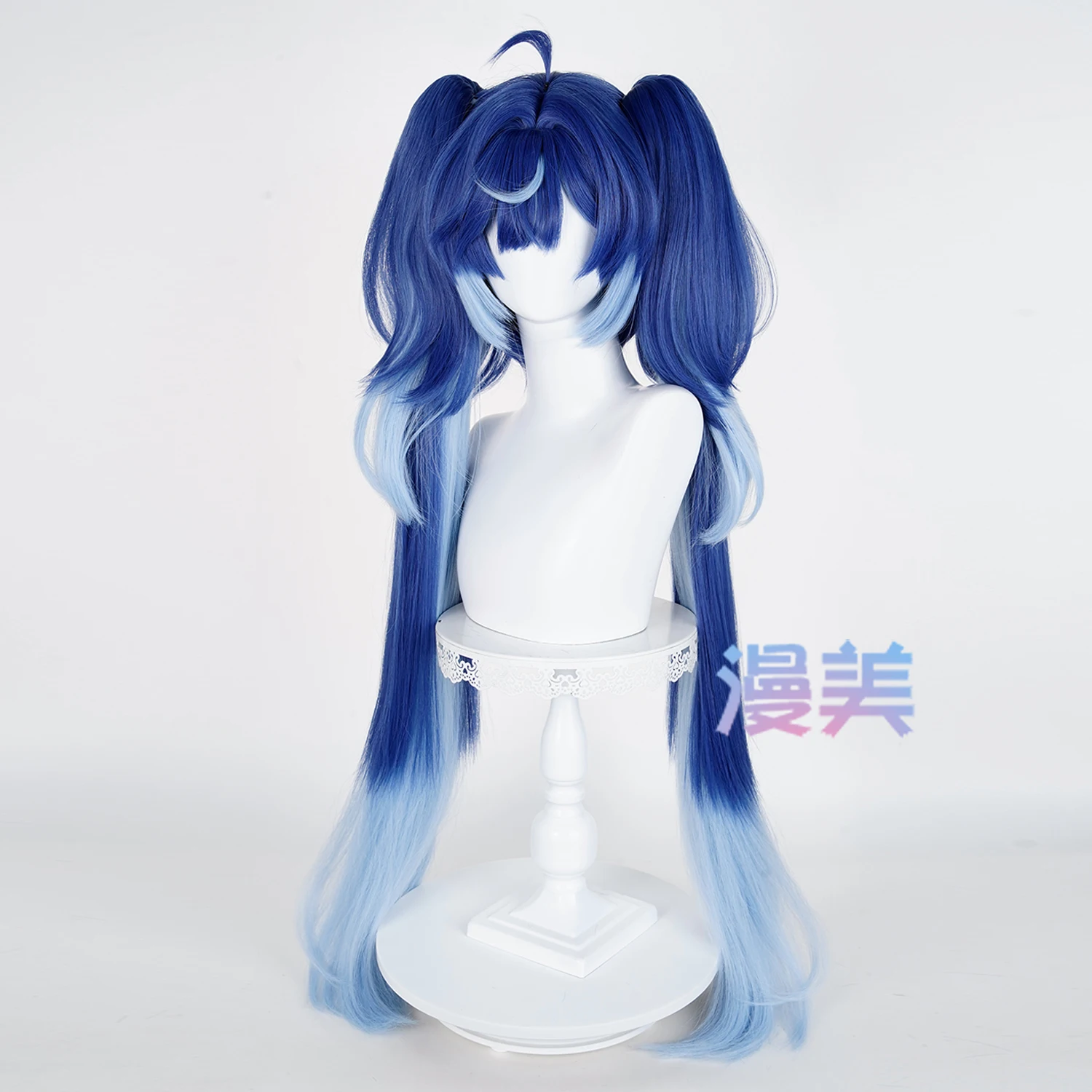 Wuthering Waves Iuno コスプレウィッグ - ロング ダークトゥライトブルー 2 つのポニーテール フルヘア コミコンパーティー 大人 女性 男性用
