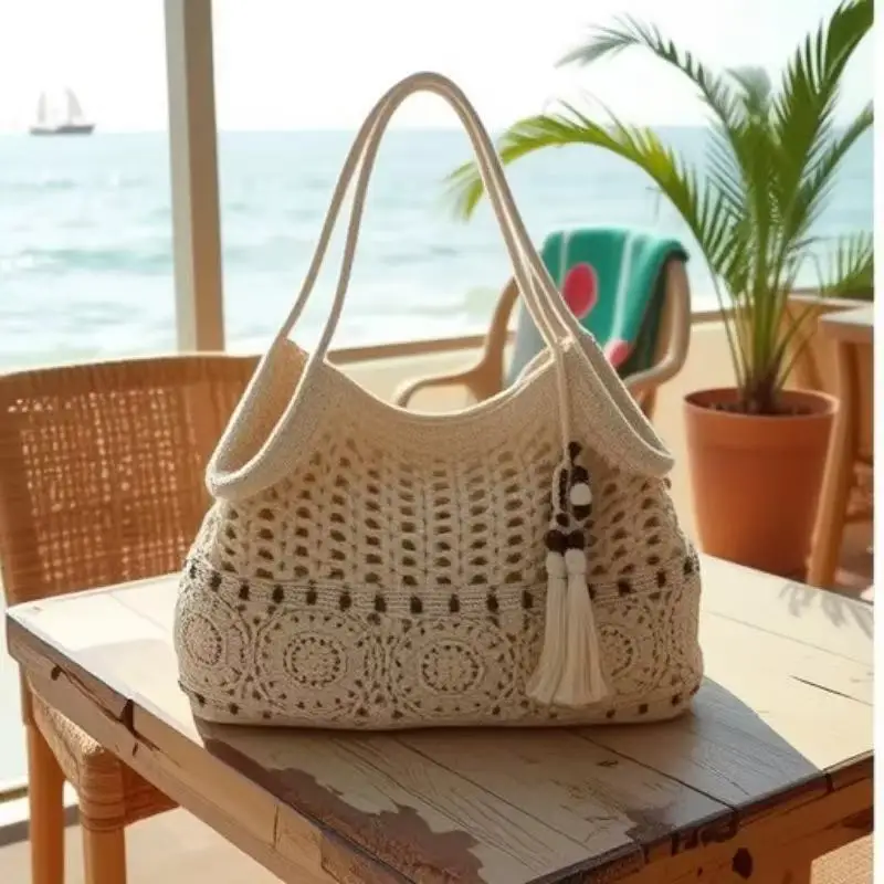 

Crochet Tote Bag for Women White Openwork Knit Purse with Bead Fringe Charm Adjustable Long Straps Boho Beach Bag