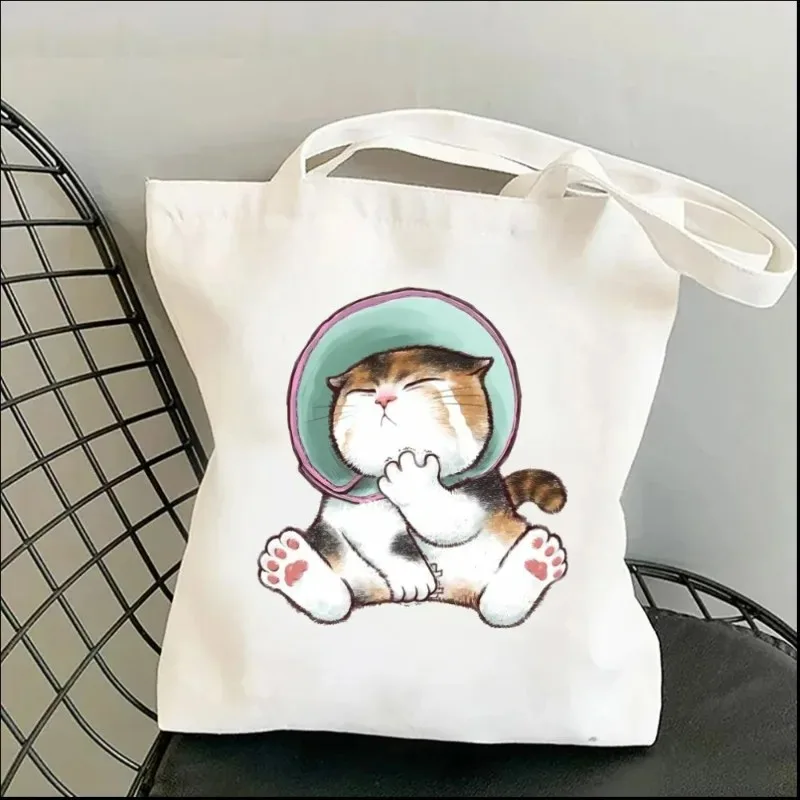 Women Shoulder Bags Funny Cartoon Cat Lady Tote Handbag Large Capacity No Zipper Shopping Shopper Bag Reusable Eco Girl Handbags