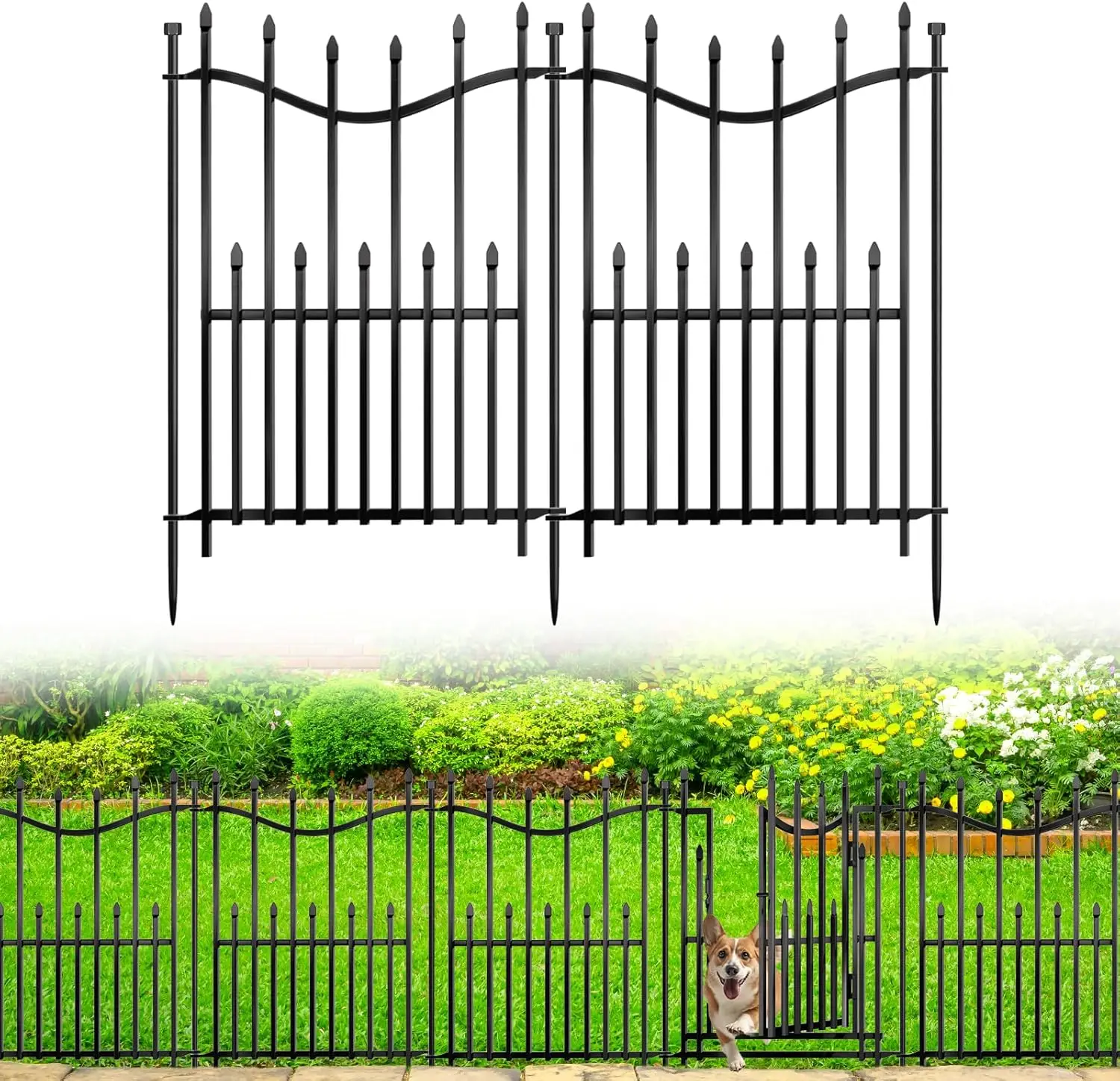 

10-Panel No-Dig Garden Fence with Gate, 24in x 22ft, Heavy-Duty Rustproof Metal, Dog Barrier for Yard & Patio