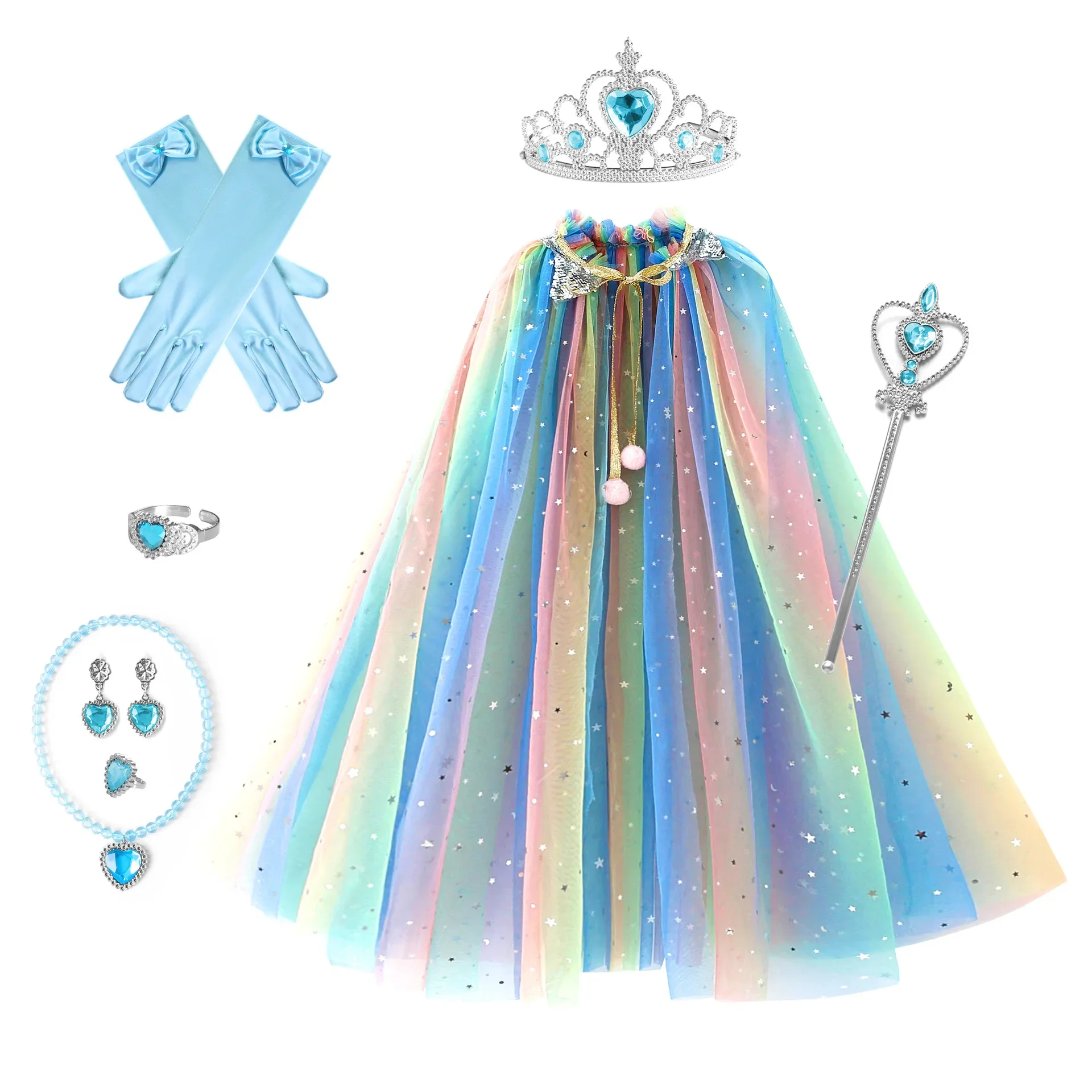 Girl Sequin Drawstring Cloak Elsa Dress up Princess Accessories Cape Crown Magic Wand Necklace Glove Set  Mantle