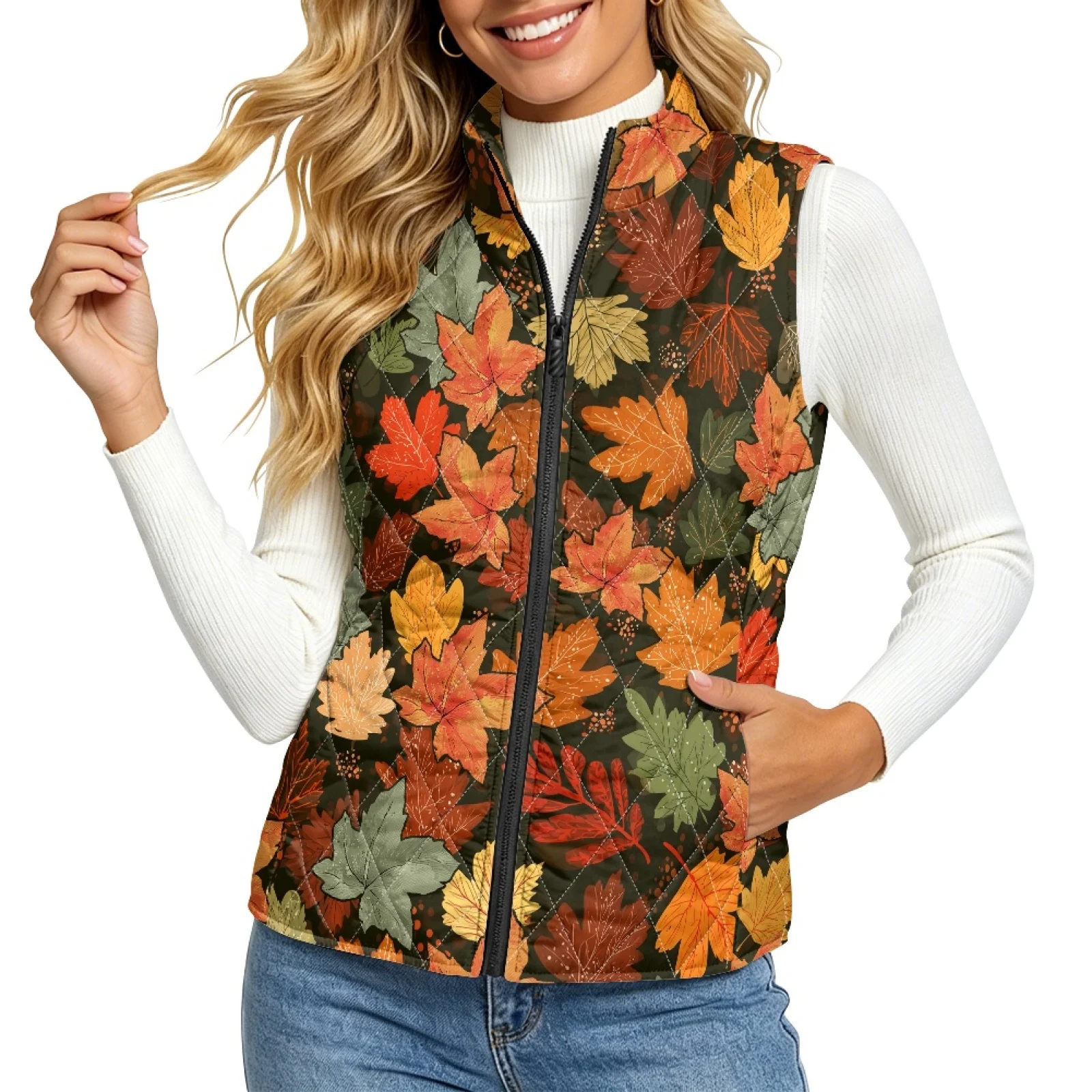 PENSTROLL Maple Leaf Theme Women's Quilted Jacket Vest Quilted Gilet Ladies with Pockets Women's Quilted Vest for Winter Casual