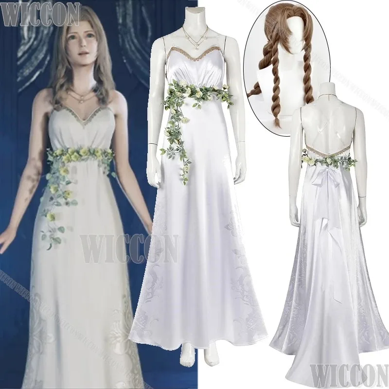 Aerith Gainsborough Game Fiinal Fantassy VII FF7 Косплей Костюм Золотая Блюдце Белое Платье Женщины Cos Хэллоуин Ролевая Игра Индивидуальные