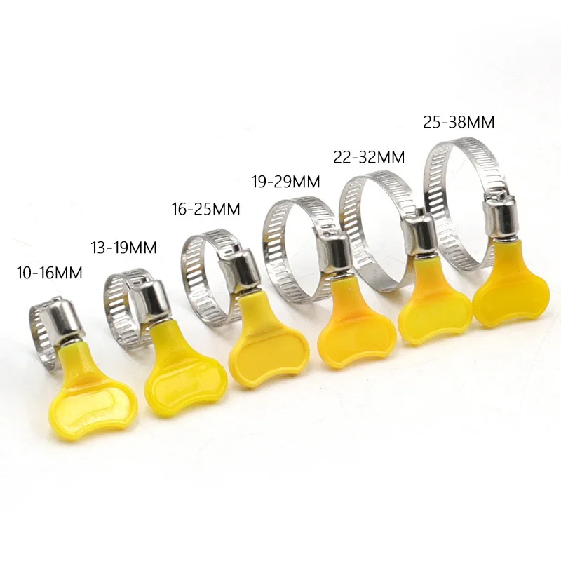 5 pcs 8-44mm Adjustable Yellow Plastic Handle Hand Twist Hose Clamps Worm Driving 201 Stainless steel Pipe Clips For Tube