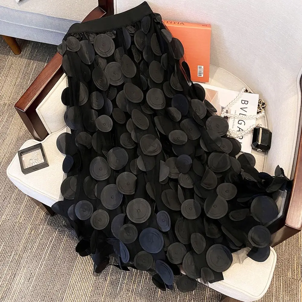 

Long Mesh Tulle Skirt Vintage 3D Design Party a-line Tutu Skirt Elastic Polka Dot Dress Fashion