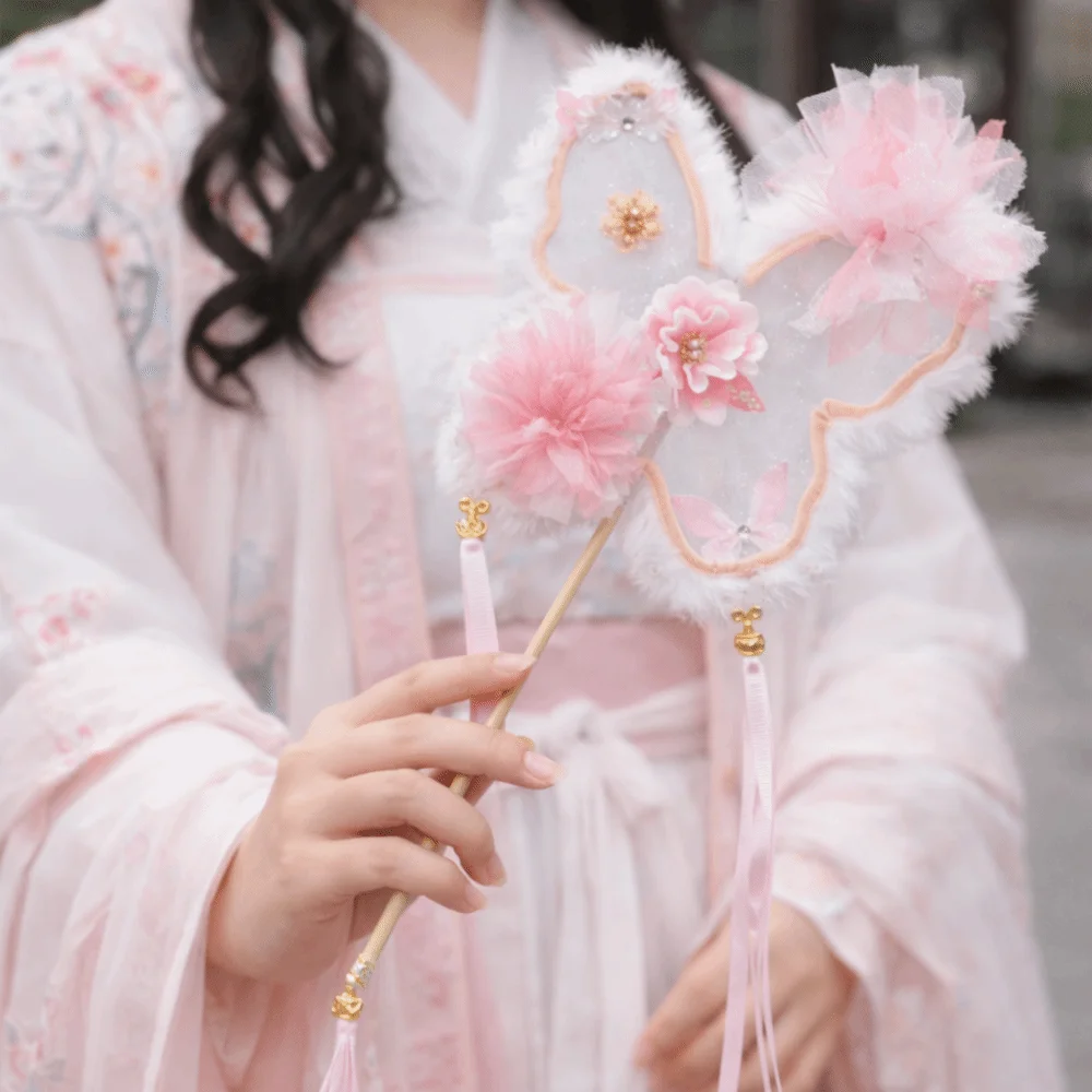 Elegant Fluffy Butterfly Handheld Fan Chinese Style Ancient Silk Flower Fan Handmade with Tassel Fairy Fan Dance Performance