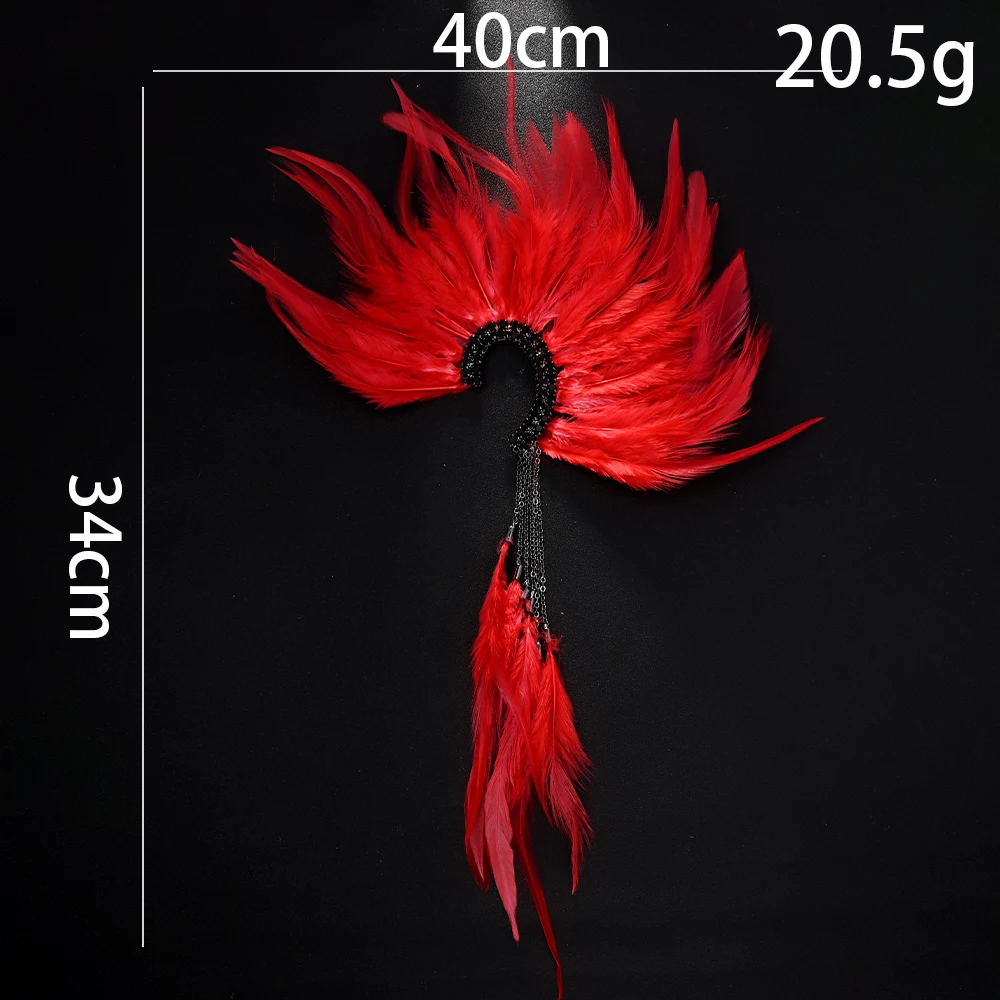 XSBODY Charm Red Feather Tassel Earrings Non Piercing Jewelry Gift Gorgeous Long Pendant Rhinestone Ear Cuff for Women Holloween