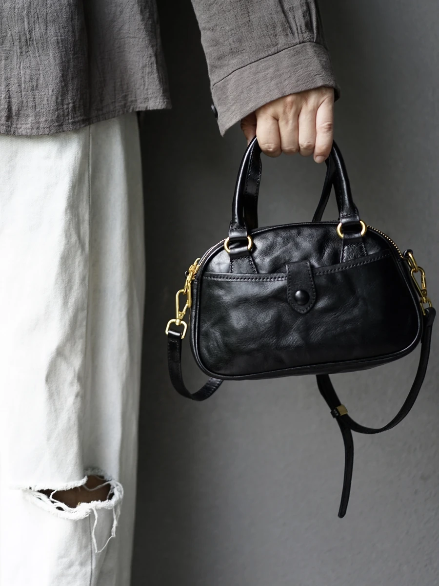 Vintage casual vegetable tanned cowhide women small crossbody bag weekend party luxury genuine leather ladies black shoulder bag
