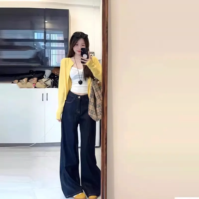 

Корейские темно-синие широкие джинсовые джинсы в стиле ретро, женские утягивающие свободные брюки с высокой талией, прямые брюки длиной до пола...