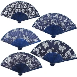 Chinese Style Blue Fabric Hand Folding Fan Cool Summer Classical Flower Design Wedding Party Favor Decor Batik Blue Flower Fan
