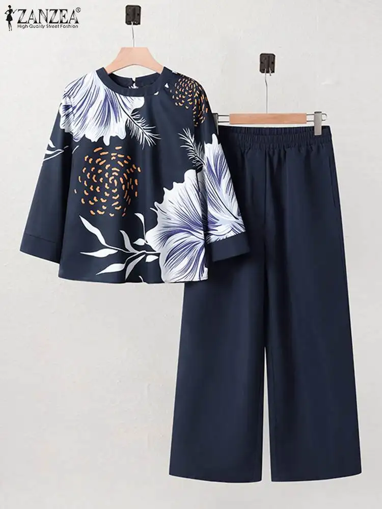 ZANZEA Loose Floral Print Top 2 Piece Sets 2024 Summer Casual Women Holiday 2pcs Outfits Elastic Waist Trouser Suits Pant Sets