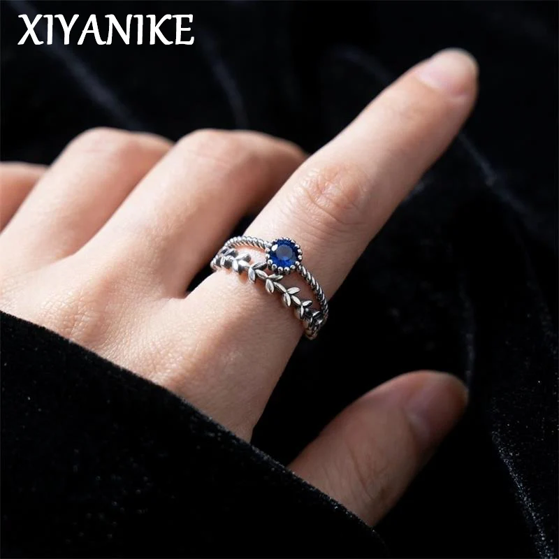 XIYANIKE Double Layer Blue Zircon Wheat Ears Leaf Adjustable Finger Rings For Women Girl Fashion New Jewelry Gift Party кольцо