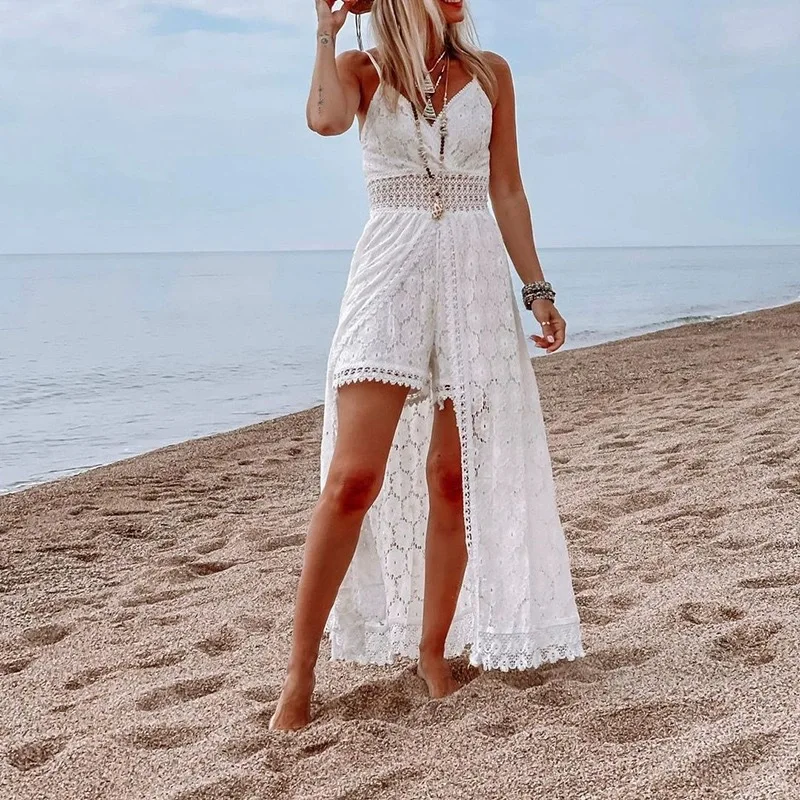 Women Spaghetti Straps Long Beach Dress Boho Summer Sleeveless Hollow Out Floral Lace Playsuit Sundress Lady Outfit