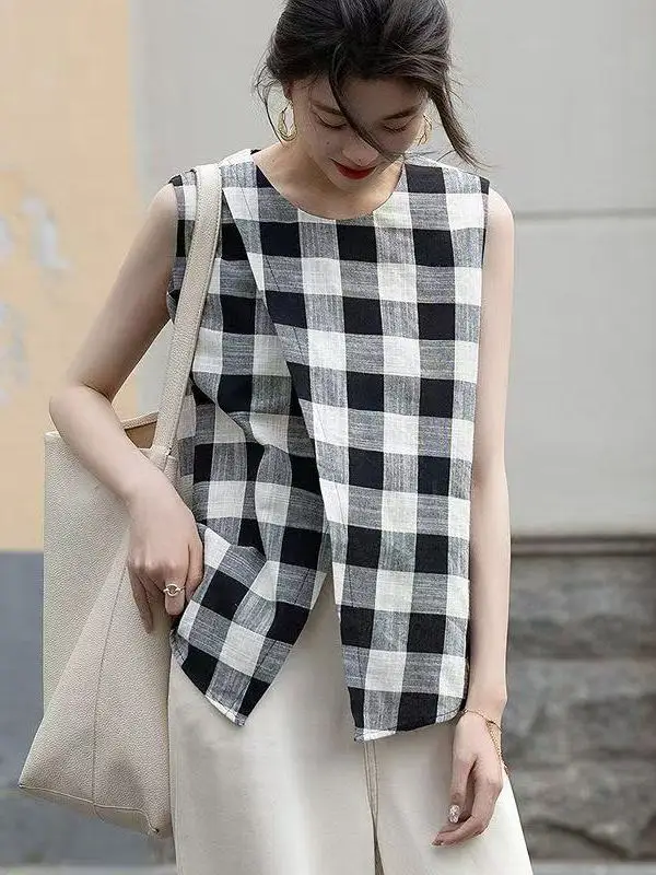 Csa Sem Mangas de Linho Retro com Estampa Xadrez para o Verão, Nova Chegada da Marca de Moda Fena, Ajuste Regular