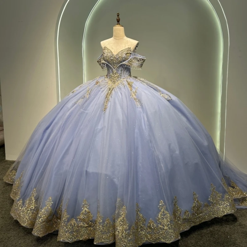 Lavendel Glanzende Quinceanera Jurken Baljurk Uit De Schouder Applique Kant Kralen Kristal Tule Corset Sweet 16-jurk Vestidos