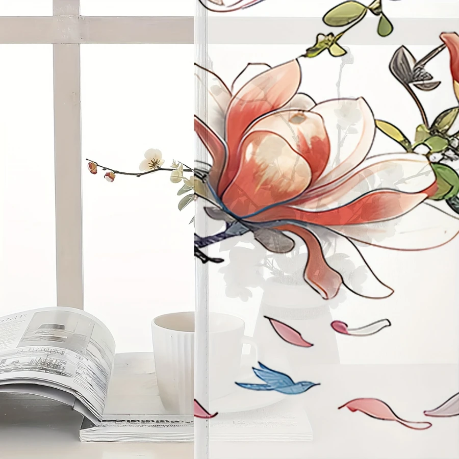 2PCS Digital Print Sheer Curtains, Flower Shadow Bird Pattern, Chinese Bird Flower Style for Living Room Bedroom Window Decor - view 4