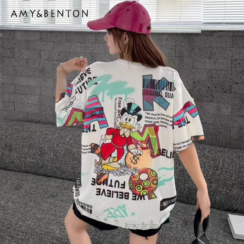 

Y2k футболки с короткими рукавами и круглым вырезом с мультяшным принтом, вязаный свитер, верхняя одежда, женская осенняя свободная футболка большого размера со стразами