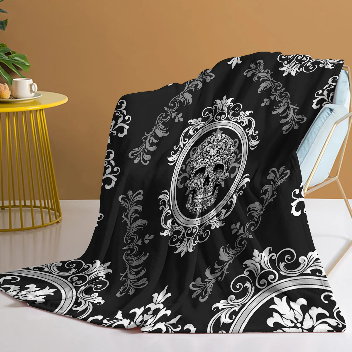 Tätowierte Blumenschädel-Decke, schwarzes Skelett, bedruckt, weiche Flanelldecke, warme, gemütliche