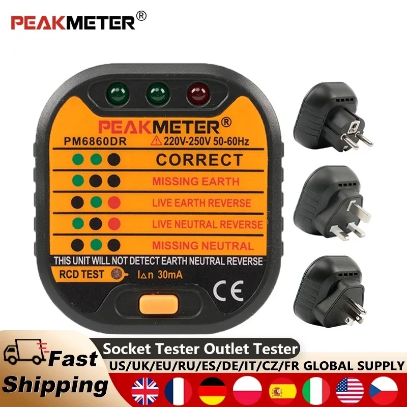 PEAKMETER 6860DR 110 / 230V Electric Socket Tester,Plug Detector Zero Line Plug Polarity Phase Check Phase Detector US/EU Plug,A