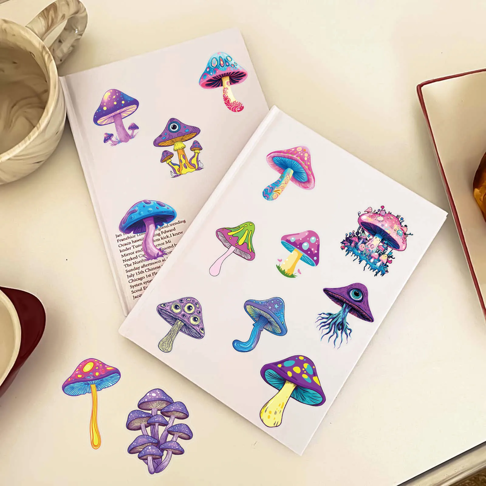 50Pcs Transparent Iridescent Mushroom Stickers - PET Decorative Decals for Notebooks, Phone Cases, Tablets, Motorcycle