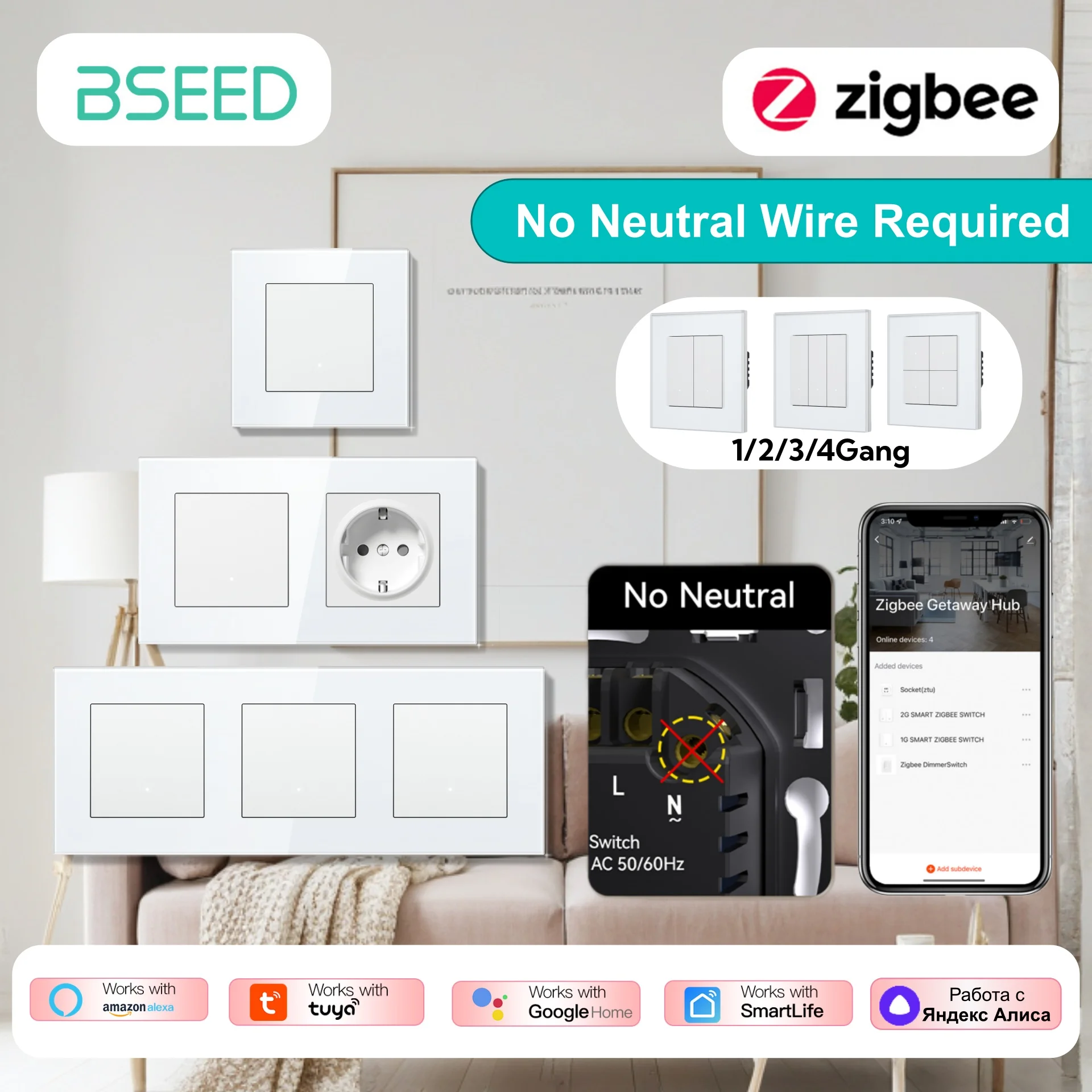 BSEED ZigBee Click Switches Series Wall Smart Light Switch No Need Neutral Wire Yellow Backlight Glass Frame Tuya APP Switch