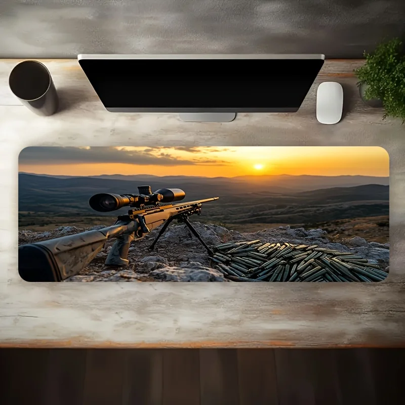 Sniper Rifle Sunset Mountain Oversized Gaming Mouse Pad Non-Slip Rubber Desk Mat for Office