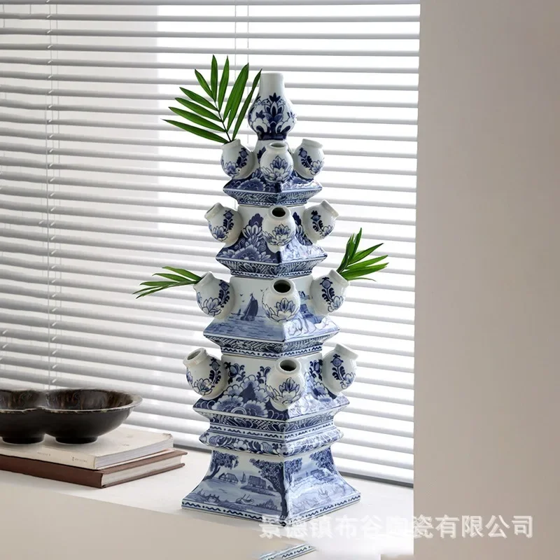 Jingdezhen ceramic sculpture pagoda vase blue and white porcelain flower device indoor floor decoration flower arrangement tower