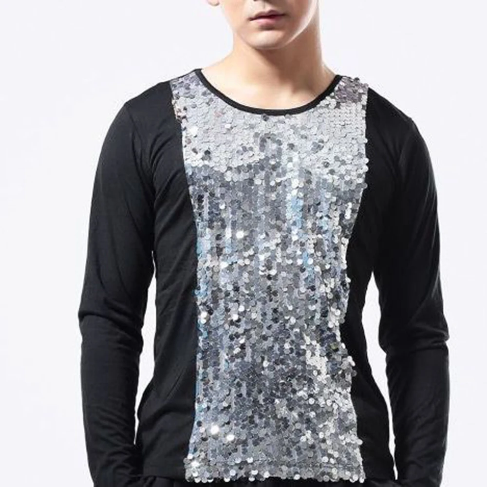 Mens Spring Sequined Dj Ballroom T Shirt Nightclub Stage Performance Fashion Slim Niche Long Sleeve Top Men'S Clothing 2025 New