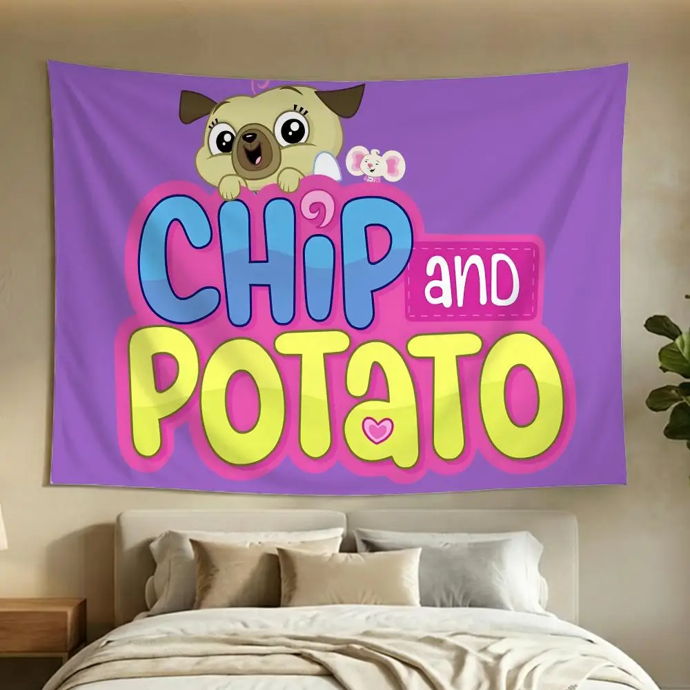 Animation Preschool Chip And Potato Tapestry Washable Soft Daily Wall Hanging Decor for Living Home Room Bedroom