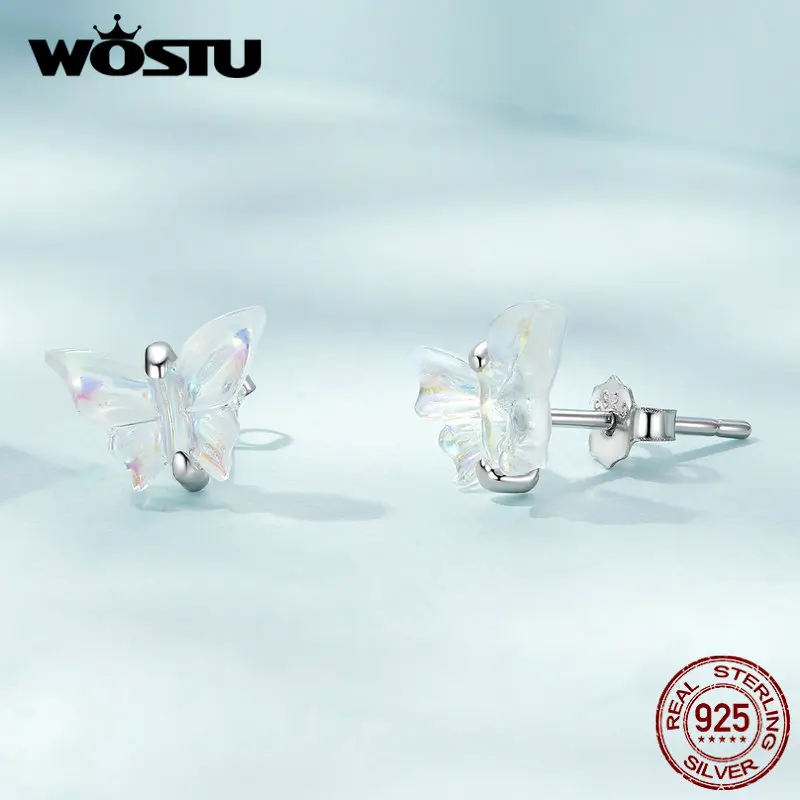 WOSTU prawdziwe 925 Sterling Silver kolorowe Butterfly stadniny kolczyki dla kobiet żywica Ear Studs prosty stylowy dziewczyna Party biżuteria prezent