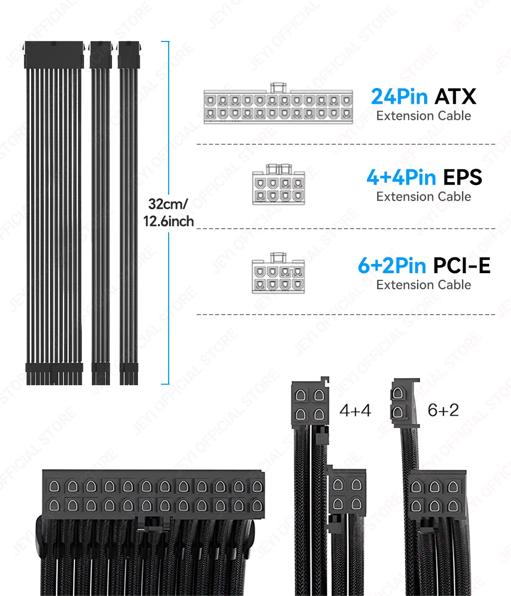 JEYI Netzteil-Verlängerungskabel-Set – 24-poliges ATX + 8-poliges EPS + 6 + 2-poliges PCIe, 18 AWG-Kupferdraht mit hochwertigem geflochtenen Schlauch und Kabelkämmen – Detail 5