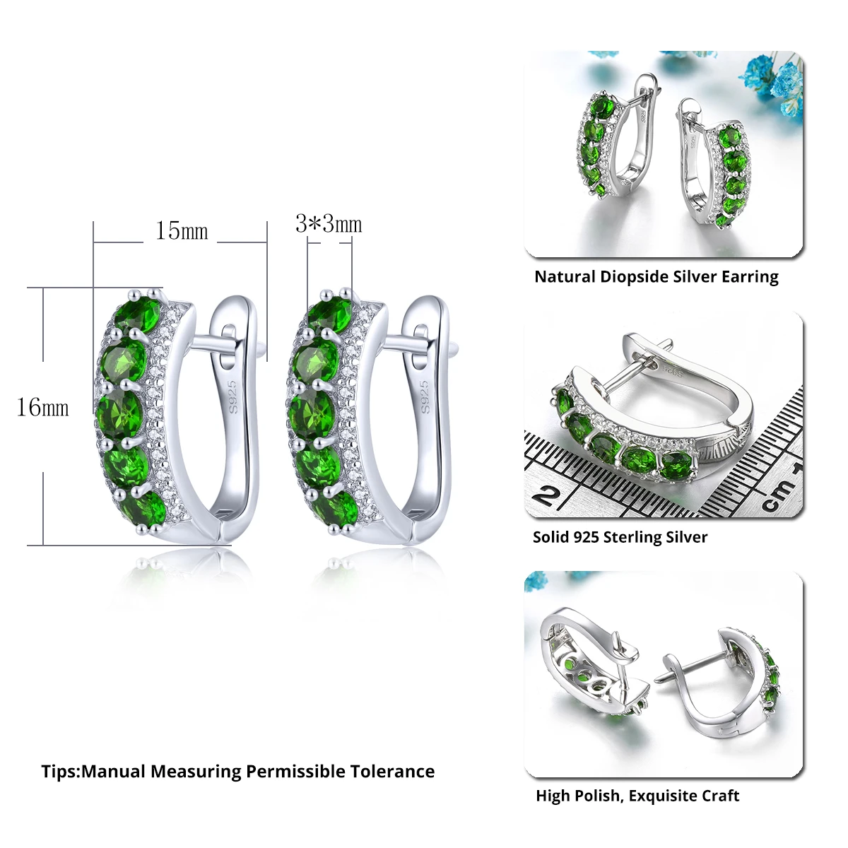 Natural Green Diopside Solid Sterling Silver Clip Earrings 1.5 Carats Genuine Gemstone Women Classic Birthday Anniversary Gifts image 2
