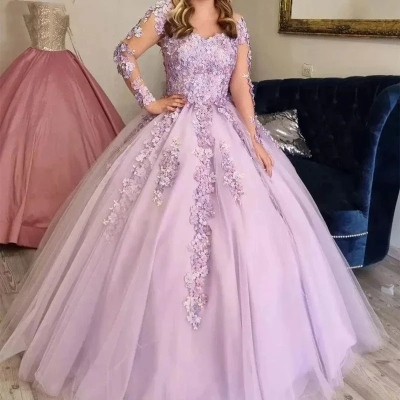 

Сиреневые Бальные платья GownQuinceanera, 3D Цветочные кружевные аппликации с длинным рукавом, женское вечернее платье