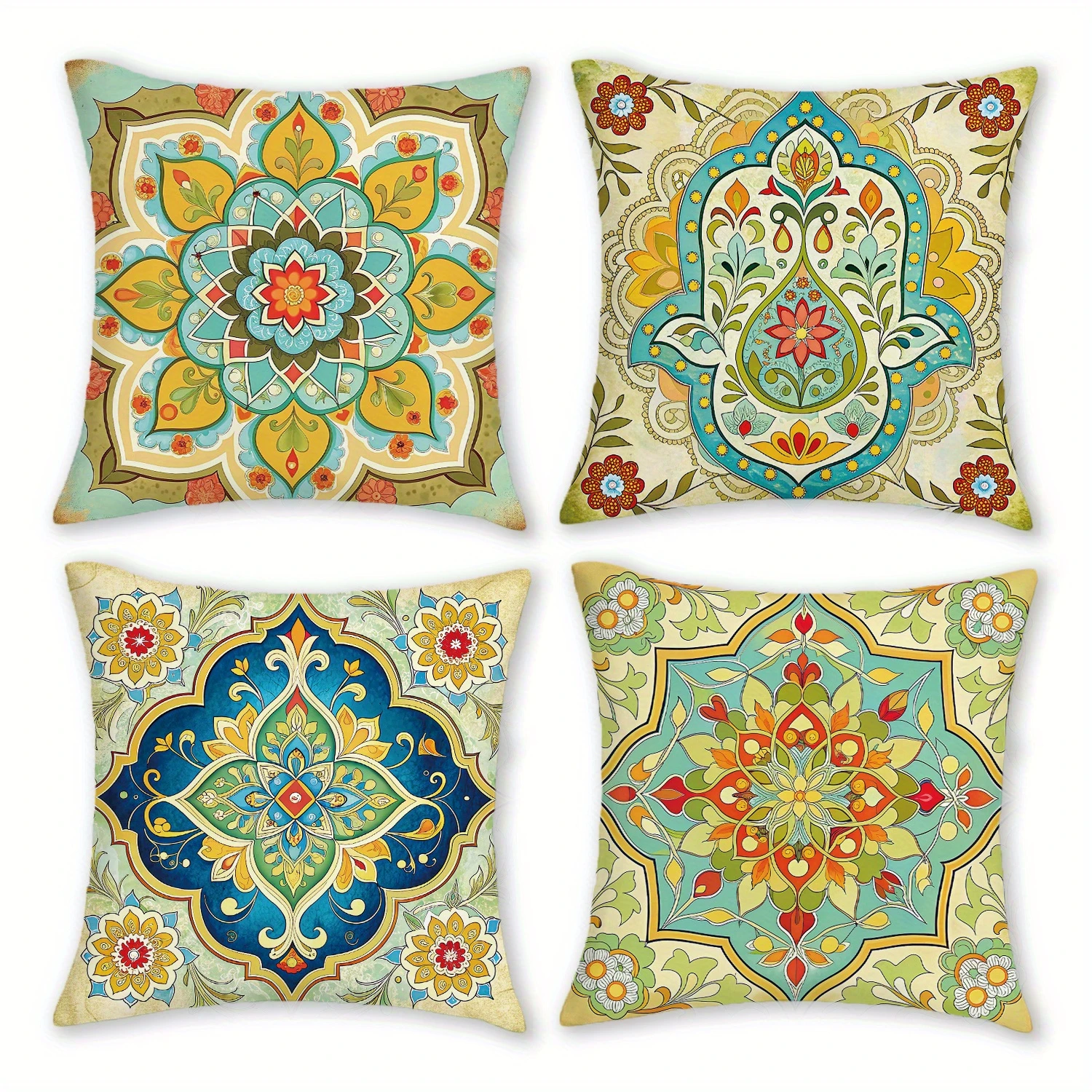 Vintage Mandala Paisley Throw Pillow Covers, Bohemian Ethnic Floral Square Cushion Cases, Retro Mediterranean Colorful Flower Pi