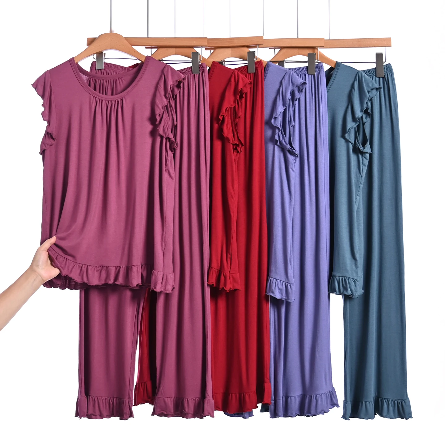 Ladies' Modal Sleeveless T-Shirt And Ruffle Pants Set Comfortable Home Clothes Nightgown Two-Piece Set round Neck Warmth Set