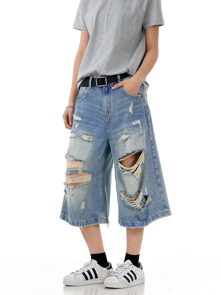 

Verborgen Американские ретро летние дырки Seven-Five Denim orts High Street Свободные синие широкие брюки Модные молодежные повседневные джинсы