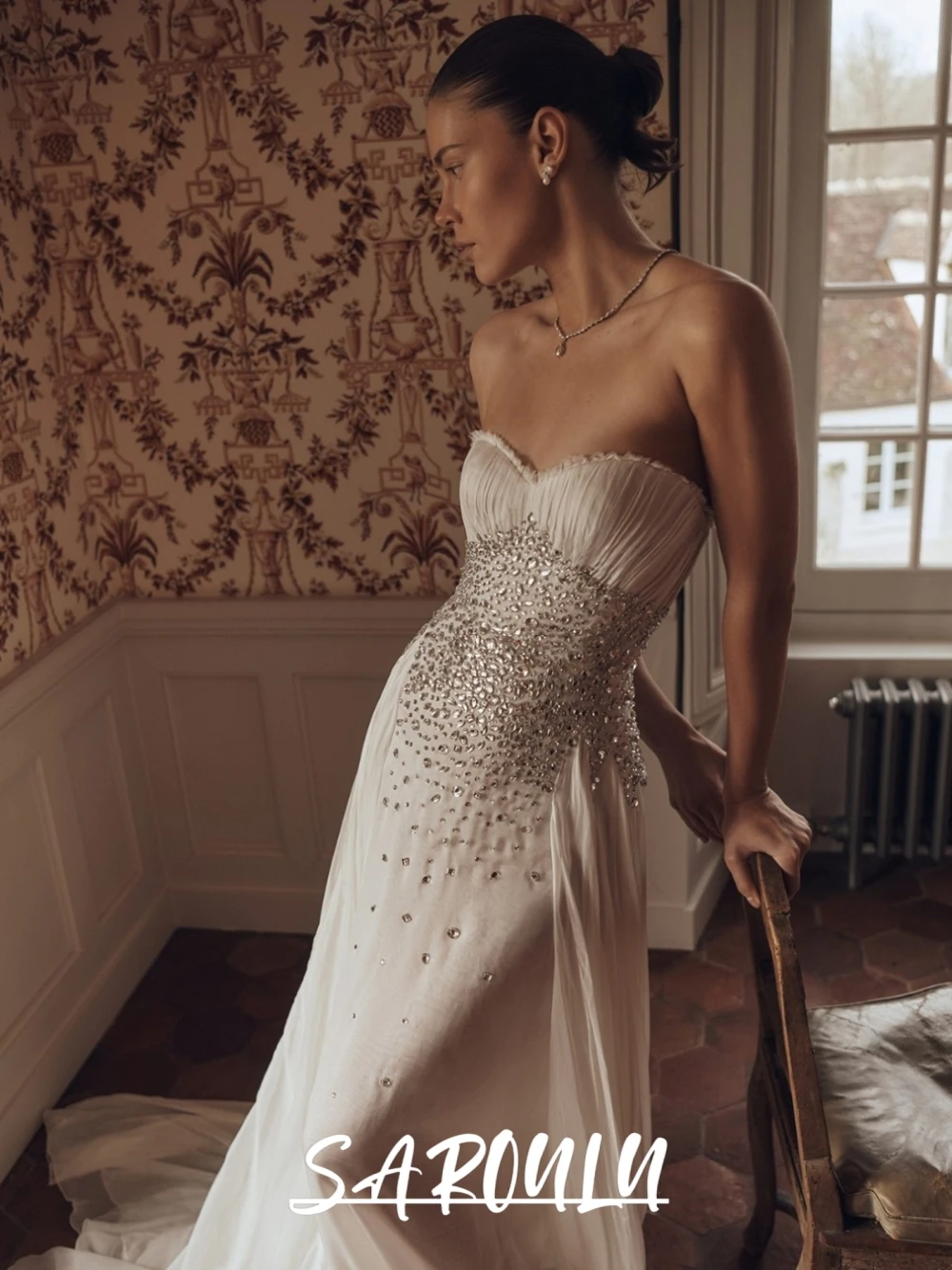 Sweetheart Pleated Chiffon Wedding Dress For Bride Attractive Delicate Rhinestones A Line Photo Shoot Bridal Gown Customized