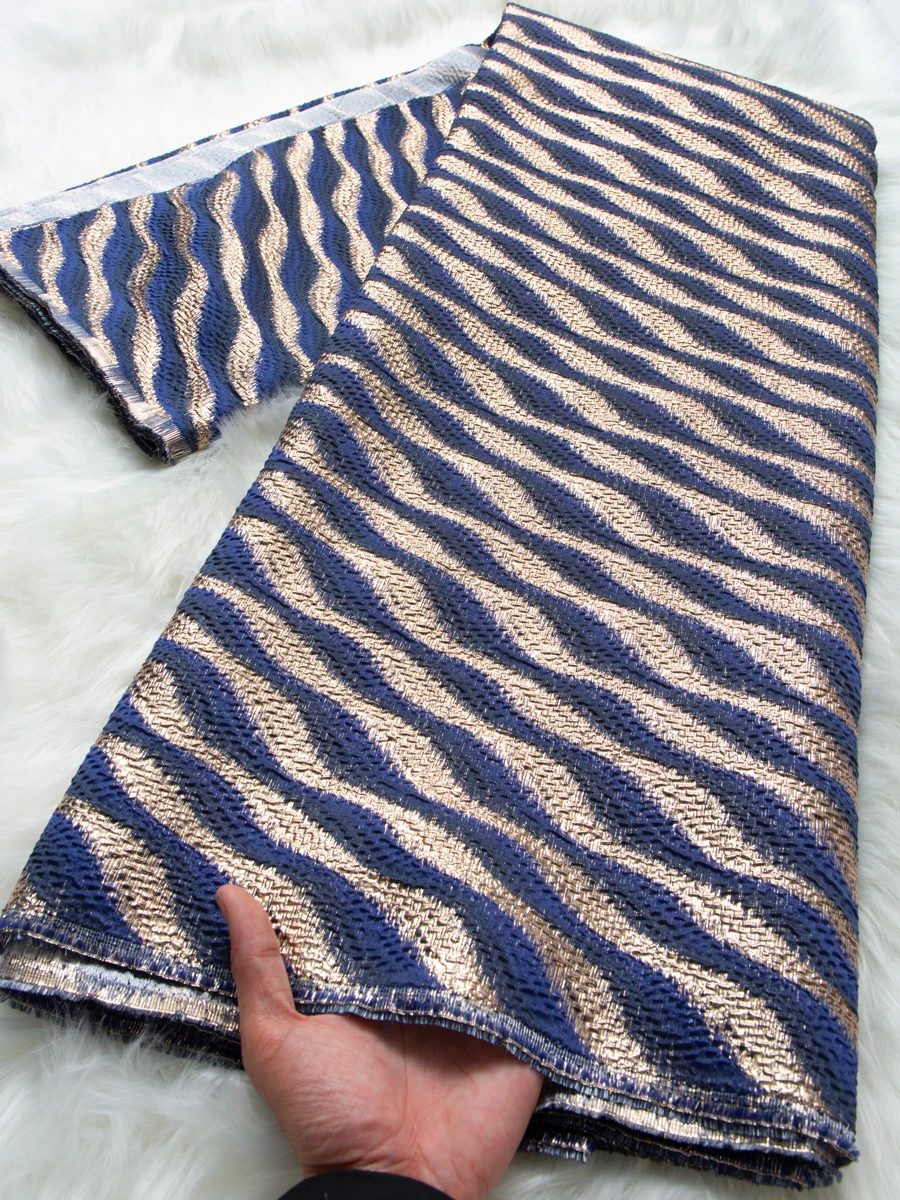Luxuriöser Afrikanischer Jacquard-Brokat-Spitzenstoff, 5 Yards Metallisch Gold & Marineblau Zebramuster-Spitze für Hochzeits- und Partykleider