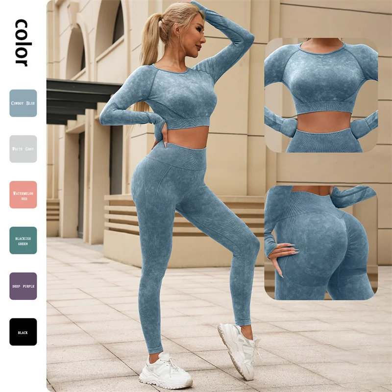 SVEIC Washing Yoga Sports Set Pants Fitness Women Long Sleeves High Waist Leggings Two Piece Suits Workout Training Gym Clothing