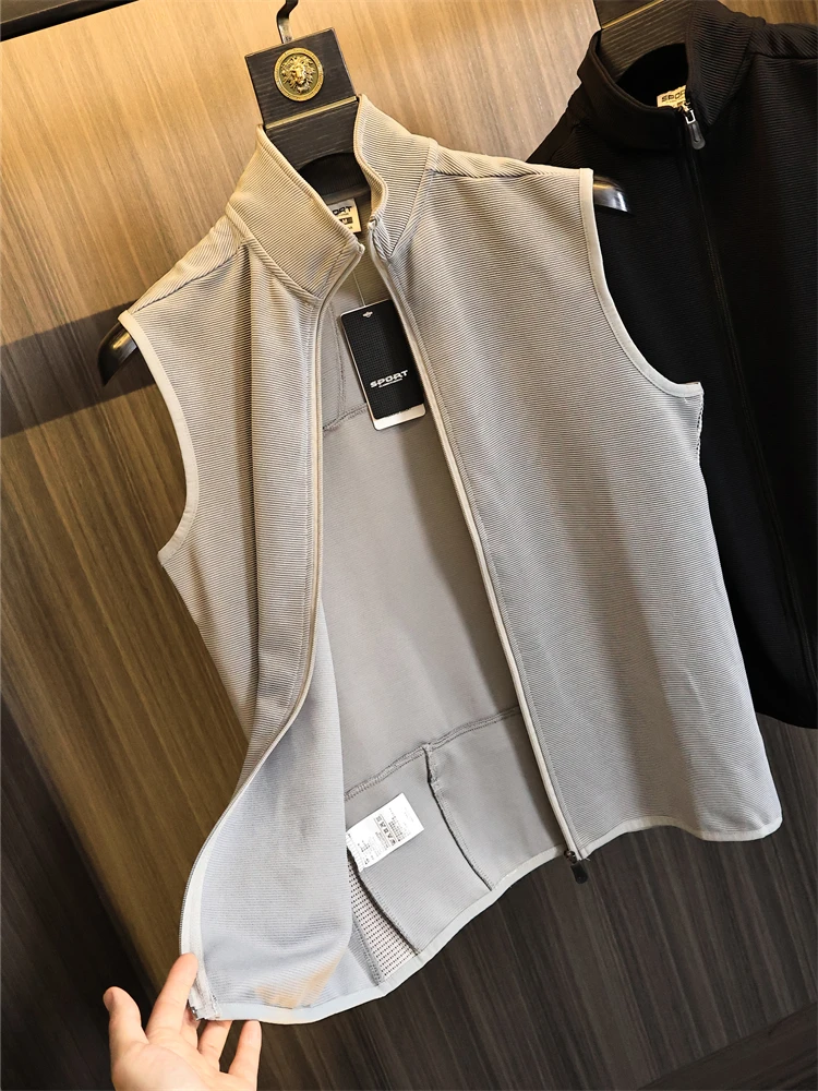 Outdoor Men's Pure Color Stand Collar Reflective Sports Vest Quick Dry Knitted Elastic Texture Fashionable Urban Style Summer...