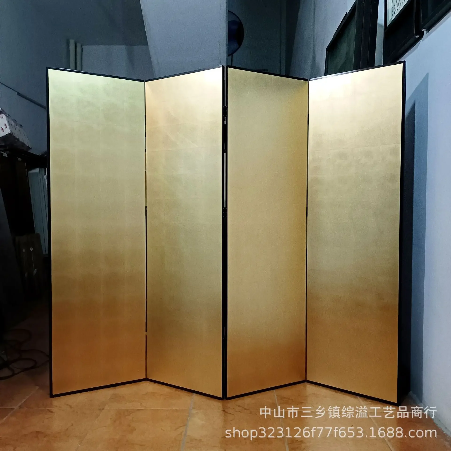 Net gold foil screen blank folding screen plain gold foil retro living room tea room hotel simple solid wood