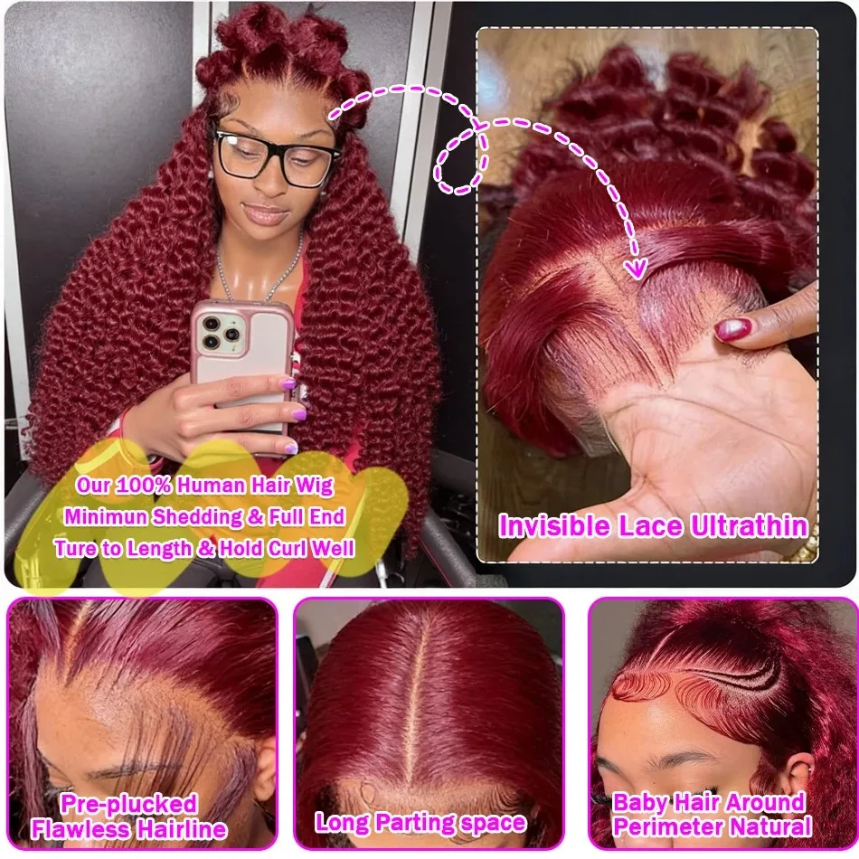 36 24Inch Burgundy 13x6 hd Lace Frontal Wig Deep Wave Curly 13x4 Red Remy Human Hair Brazilian 99J Colored Hair Wigs for Women image 3