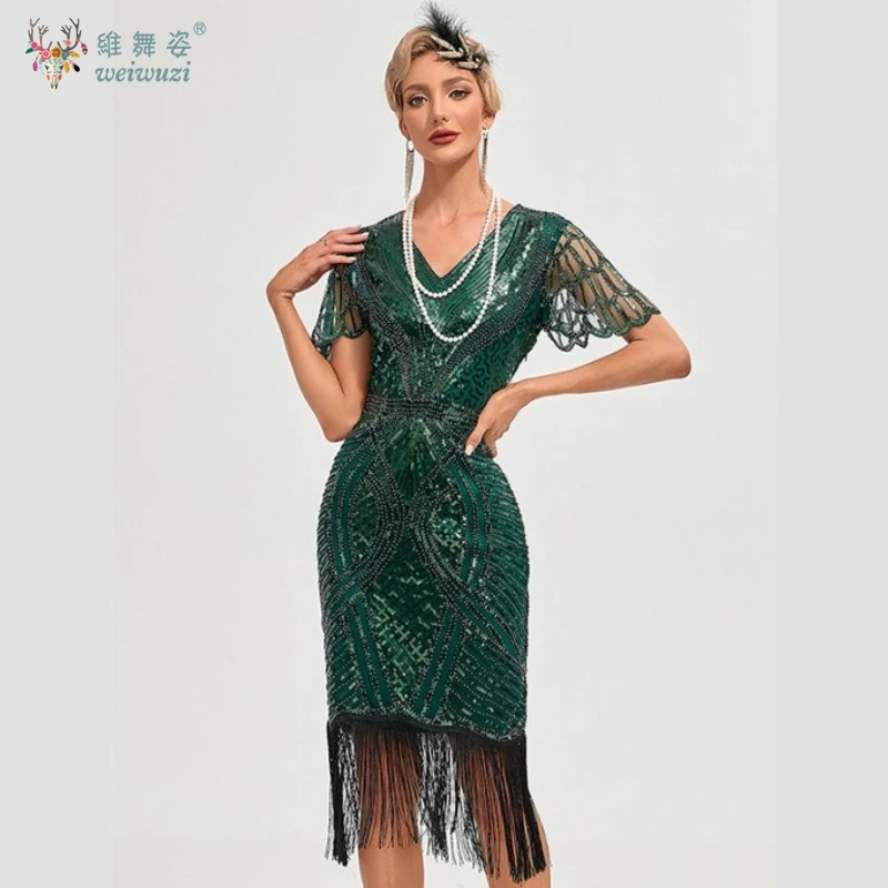 1920년대 우아한 V넥 비즈 프린지 드레스 여성 빈티지 파티 시퀸 바디콘 세미 시어 레이스 슬리브 칵테일 이브닝 드레스