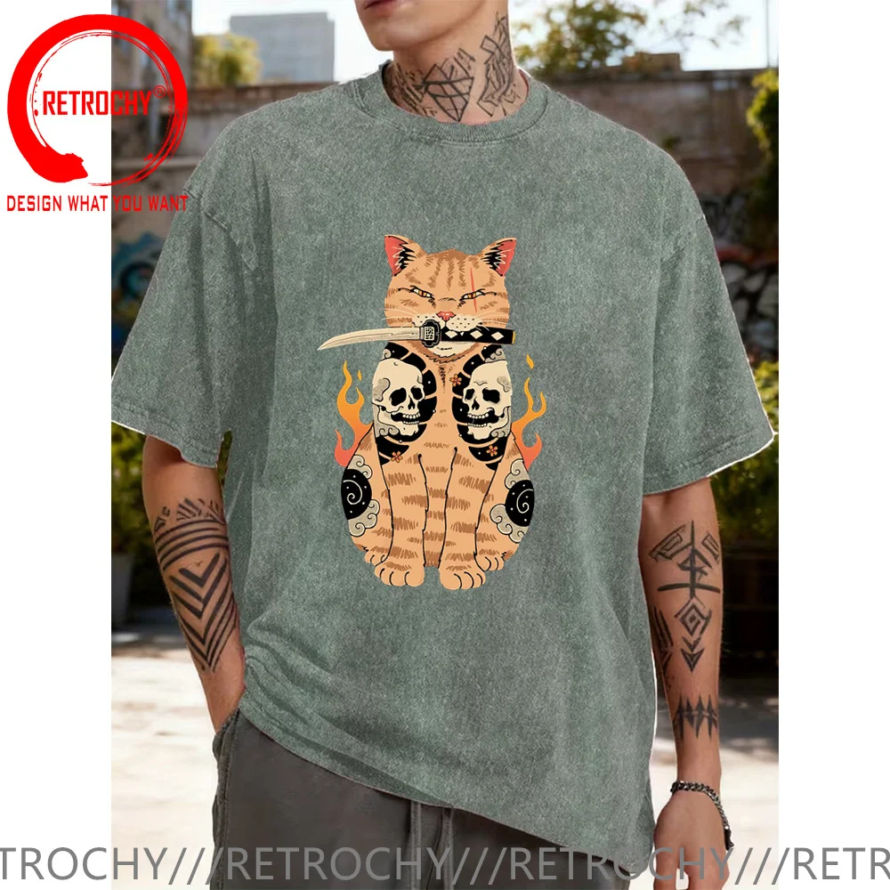 Japanese Style Cartoon Samurai Cat Vintage Washed Cotton T Shirt Men Birthday Gift Man Woman Retro Tshirt Fashion Casual T-shirt