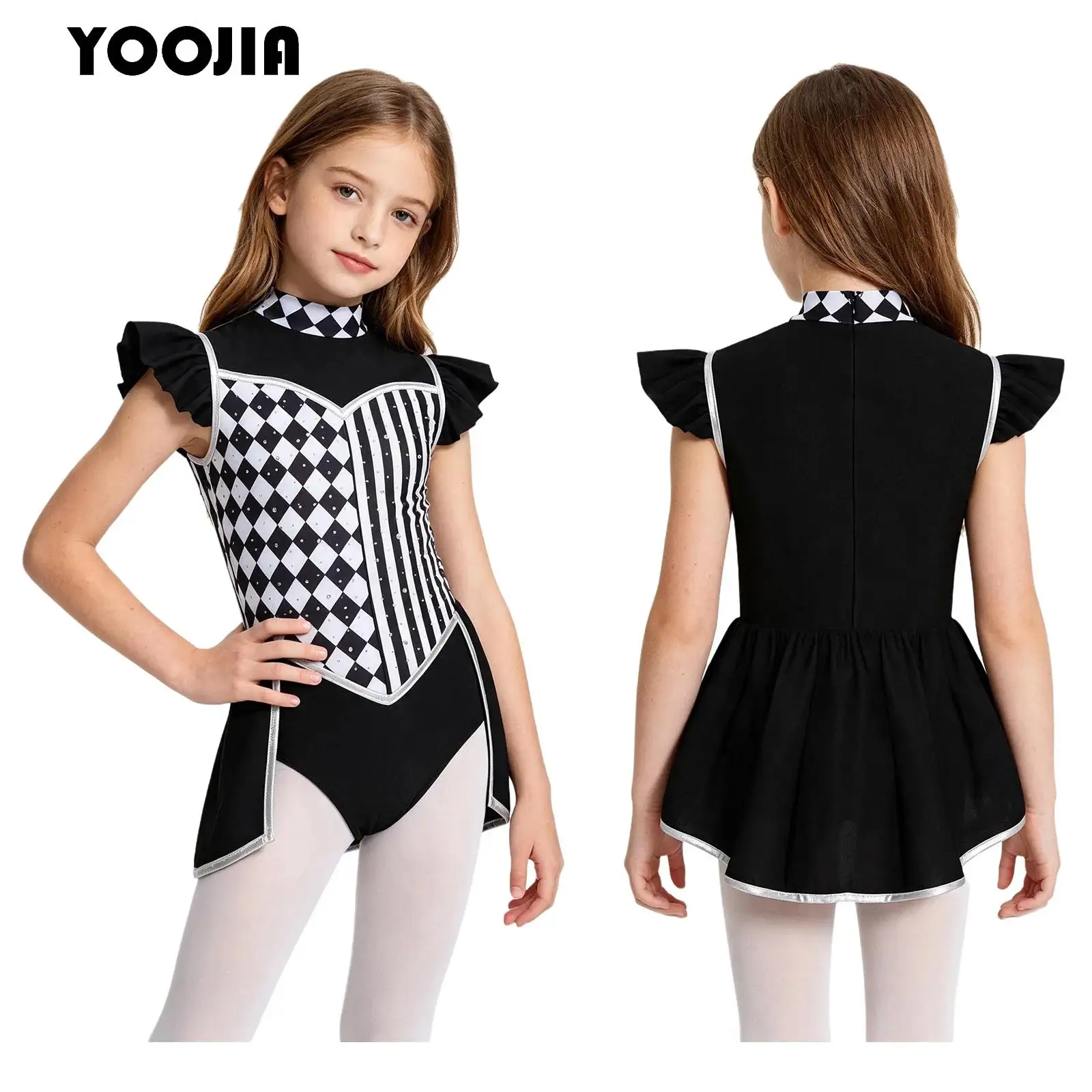 Child Girls Circus Performance Costume Clown Jumpsuit Rhinestone Ballet Leotard Ruffled Sleeves Stripes Plaid Pattern Bodysuit