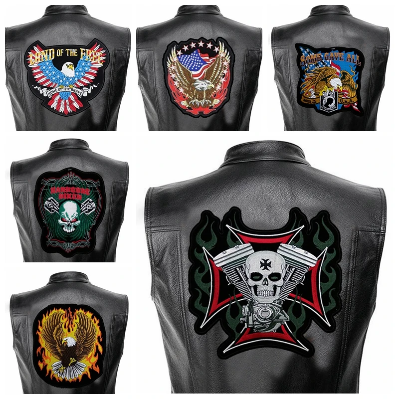 Large Back Punk Motorcycle Biker Embroidered Patches Leather Jackets Jeans Embroidered DIY Iron On Patches For Clothing Sew DIY