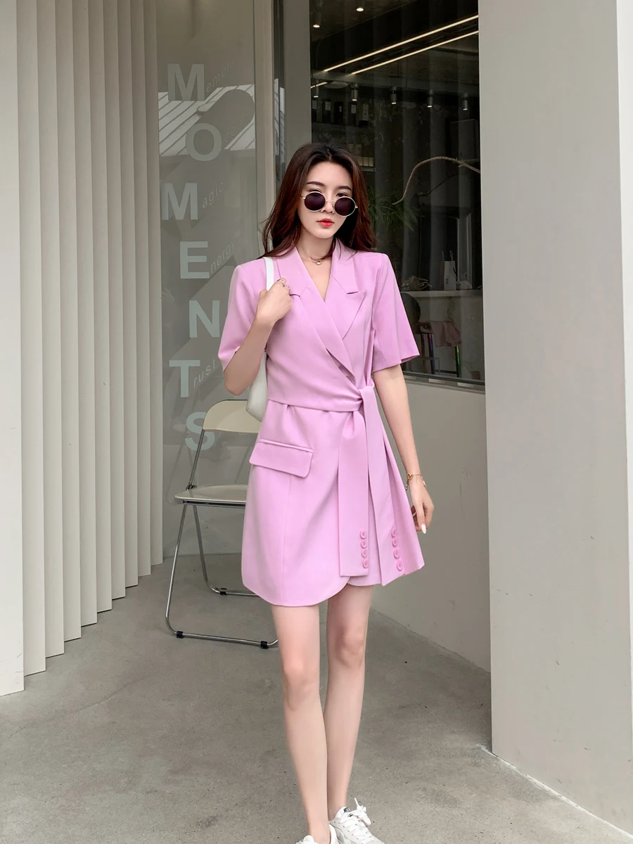 

Новое женское летнее платье-костюм розового цвета с высокой талией, А-образной юбкой, в корейском стиле, для офиса, с коротким рукавом, на одной пуговице, однотонное