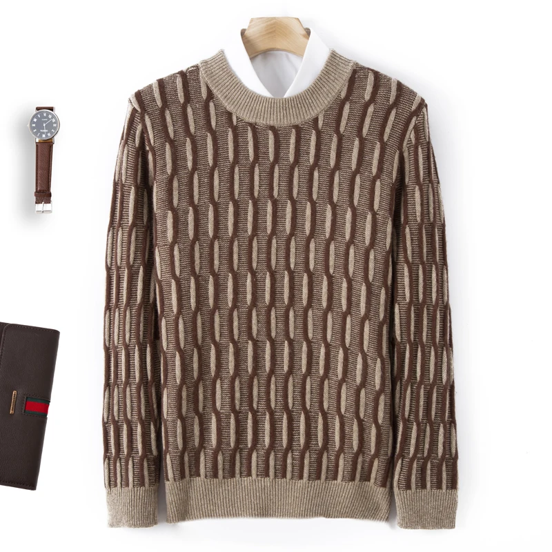 Autumn And Winter New 100% Pure Wool Men's Padded Round Neck Sweater Plaid Jacquard Men's Contrast Knitted Bottoming Shirt